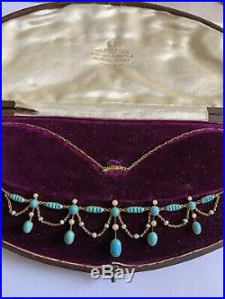 Beautiful Fine Victorian 15ct Gold Natural Turquoise & Seed Pearl Set Necklace