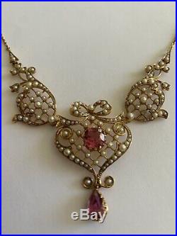 Beautiful Fine Victorian 15ct Gold Pink Tourmaline & Seed Pearl Set Necklace
