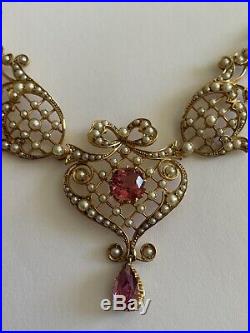 Beautiful Fine Victorian 15ct Gold Pink Tourmaline & Seed Pearl Set Necklace