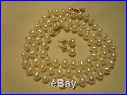 Beautiful Good Quality Vtg 14k Gold Genuine Cultured Pearl Necklace Earrings Set