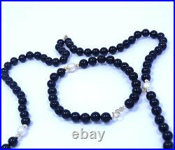 Beautiful Ladies 6 MM BLACK ONYX & PEARL 14 k Gold Necklace Bracelet Set