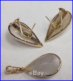 Beautiful Mother Of Pearl 14k Yellow Gold Earrings & Pendant Set Diamond Vintage