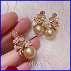 Beautiful NATURAL SOUTH SEA golden 10-11mm pearl pendant NECKLACE earring set