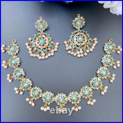 Beautiful Turquoise & real pearl studded Choker Necklace Set 22k yellow gold 1