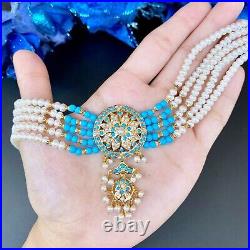 Beautiful Turquoise & real pearl studded Choker Necklace Set 22k yellow gold 3