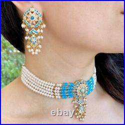 Beautiful Turquoise & real pearl studded Choker Necklace Set 22k yellow gold 3