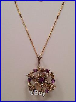 Beautiful Victorian 9ct Gold Amethyst & Seed Pearl Set Pendant Brooch Necklace