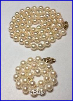 Beautiful Vintage 14k Yellow Gold Akoya Pearl Necklace & Bracelet Set 6mm