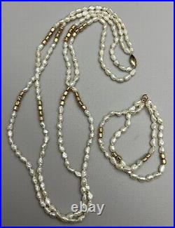 Beautiful Vintage. 585 14K Solid Yellow Gold Estate Pearl Necklace Bracelet Set