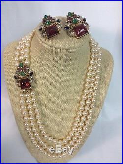 Beautiful Vtg NLH Blue Green Red Gripoix Gold Tone Pearl Necklace Earrings Set