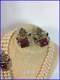 Beautiful Vtg NLH Blue Green Red Gripoix Gold Tone Pearl Necklace Earrings Set