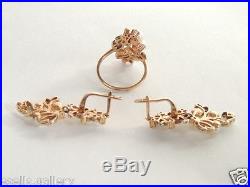 Beautiful WEDDING Women Set Rose Gold 585 / 14K Earrings & Ring Genuine Pearl