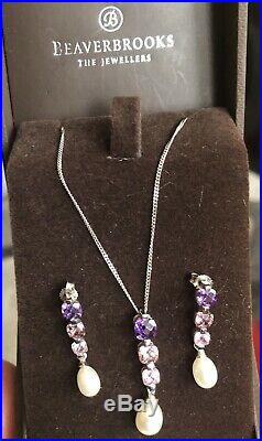 Beaverbrooks 9ct White Gold Pearl Amethyst Pink Sapphire Earrings Necklace Set