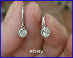 Bezel Set Round Cut 2ct White Moissanite Drop Dangle Earrings 14k White Gold Fn