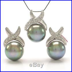 Black Cultured Pearls Earrings & Pendant Set 14K Solid White Gold Diamonds