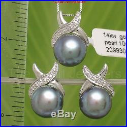 Black Cultured Pearls Earrings & Pendant Set 14K Solid White Gold Diamonds