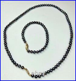 Black Freshwater Cultured Pearls necklace/bracelet/earring set 14kt gold