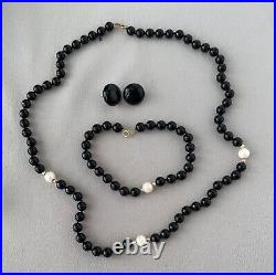 Black Onyx Bead & Pearls 14K Gold Necklace Bracelet & Earrings SetQ321