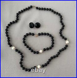 Black Onyx Bead & Pearls 14K Gold Necklace Bracelet & Earrings SetQ321