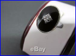 Black Onyx Diamond Ring 14k Solid White Gold Unique Oval Bead Set Setting Sz 7.2