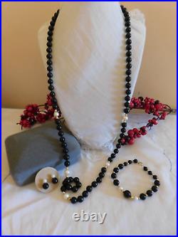 Black Onyx Pearl 14K Gold Set Necklace, Bracelet and Earrings