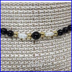 Black Onyx, Pearl & Gold Bead Necklace, Bracelet & Earrings Jewelry Set