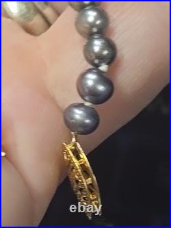 Black Peacock Cultured Pearl Necklace & Bracelet Set With 14kt Gold Clasp 18