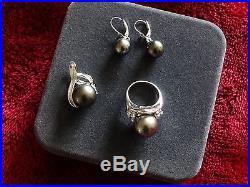 Black Tahitian Pearl Matching Set Earings, Ring and Slide 14 K Gold Diamond