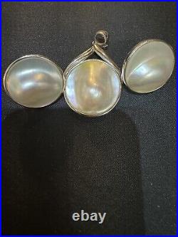 Blister Pearl Earrings Set with Blister Pearl Pendant In 14 K White Gold