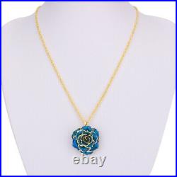 Blue 24K Gold Dipped Real Rose Pendant & Rhinestone Drop Earring Set Mothers Day