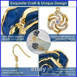 Blue 24K Gold Dipped Real Rose Pendant & Rhinestone Drop Earring Set Mothers Day