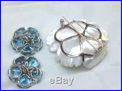 Blue Topaz, Diamonds and mother of Pearl Brooch and earrings set 14k white gold