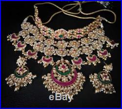 Bollywood Ad CZ Polki Pearl Real Pachi Kundan Bridal Choker Necklace Set Jewelry
