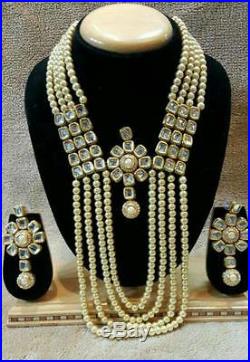 Bollywood Blue Onyx Pearls Kundan Gold Plated Necklace Earrings Set Latest fty5