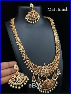 Bollywood CZ AD 18k Gold Plated Fashion Long Rani Haar Necklace Earring Set