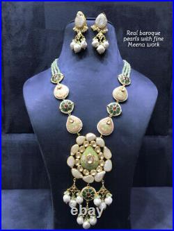 Bollywood Gold Plated Enameled Real Baroque Pearl Necklace Earrings Set jewelry