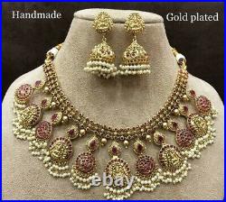 Bollywood Gold Plated Indian Traditional Pearl Kasu choker necklace Earrings Set