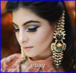 Bollywood Gold Plated Jewelry Pearl Kundan Chandbali Set Jhumka Chain Earrings