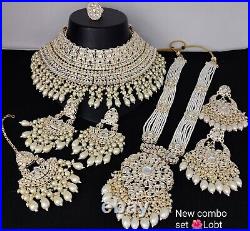 Bollywood Indian FN Pearl Gold Plated Wedding Bridal Combo Necklace Jewelry Set