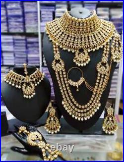 Bollywood Indian Gold Plated Kundan Bridal Jewelry Necklace Set Pearl Chandbali