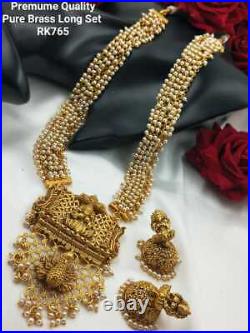 Bollywood Indian Long Gold Plated Bridal CZ Jewelry Necklace Earrings temple set