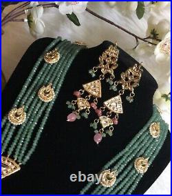 Bollywood Indian Wedding Party Kundan Green And Pink Pearl Design Raani Haar Set