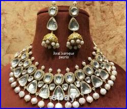 Bollywood Real PAchi Kundan Choker Necklace Jewelry CZ Set Real Pearl Raani Haar