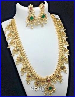 Bollywood Style CZ AD 18k Gold Plated Fashion Long Pearl Necklace Earring Set