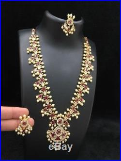 Bollywood Style CZ AD 22k Gold Plated Fashion Ruby Pearl Necklace Earring Set
