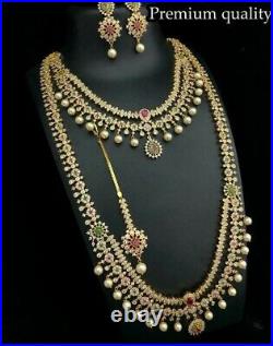Bollywood Style CZ AD Traditional Gold Plated Fashion Pearl Necklace Earring Set