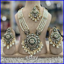 Bollywood Style Gold Plated Indian Necklace Kundan Pearl Enameled Jewelry Set
