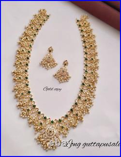 Bollywood Style Indian Gold Plated CZ AD Long Necklace Pearl Temple Jewelry Set