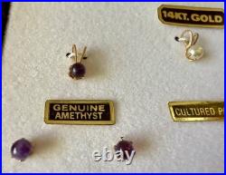 Boxed Set 3 Pairs Sapphire Pearl Amethyst Earrings & Matching Pendants 14k Gold