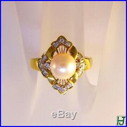 Brand New 8mm Pearl & Diamond Earrings & Ring Set in 18k Yellow Gold, 32 points